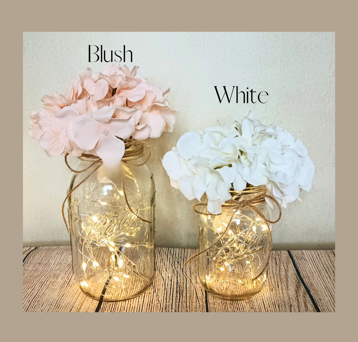 Mason Jar Hydrangea Lighted Wedding Centerpiece Rehearsal Dinner Boho Country Table Decor for Baby Shower Home Wedding Aisle Elegant Venue