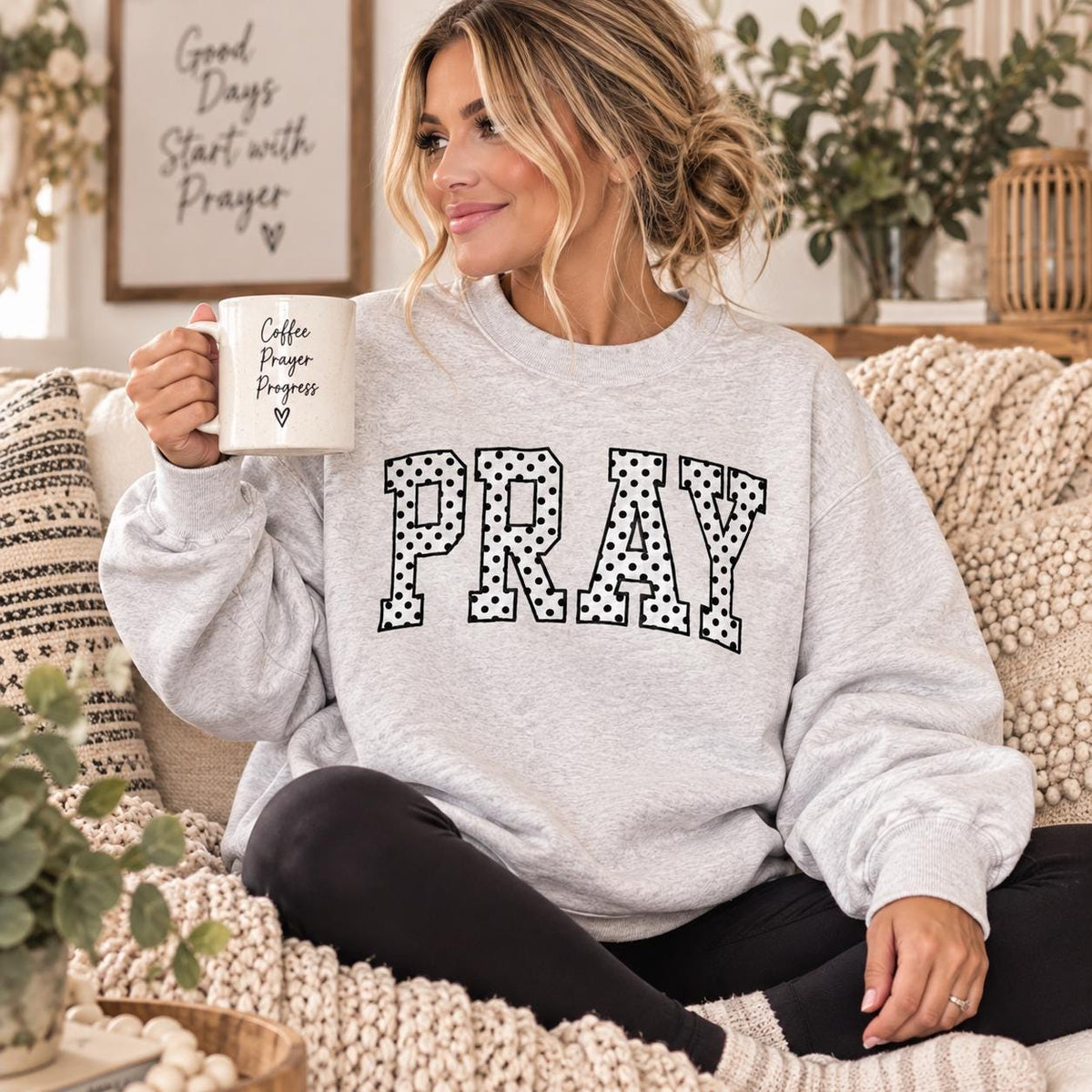 Christian Trendy Polka Dot Embroidered Applique Pray Oversized Crewneck Worship Apparel for Teenage Gift