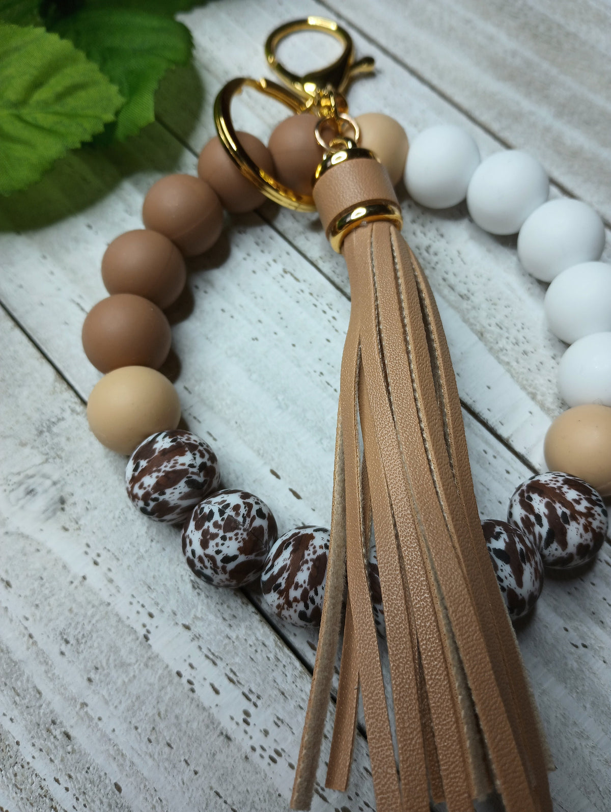 Beaded Brown Cow Print Simply Elegant Silicone Wristlet Keychain, Gift for Teacher, Mom, Sister, New Driver