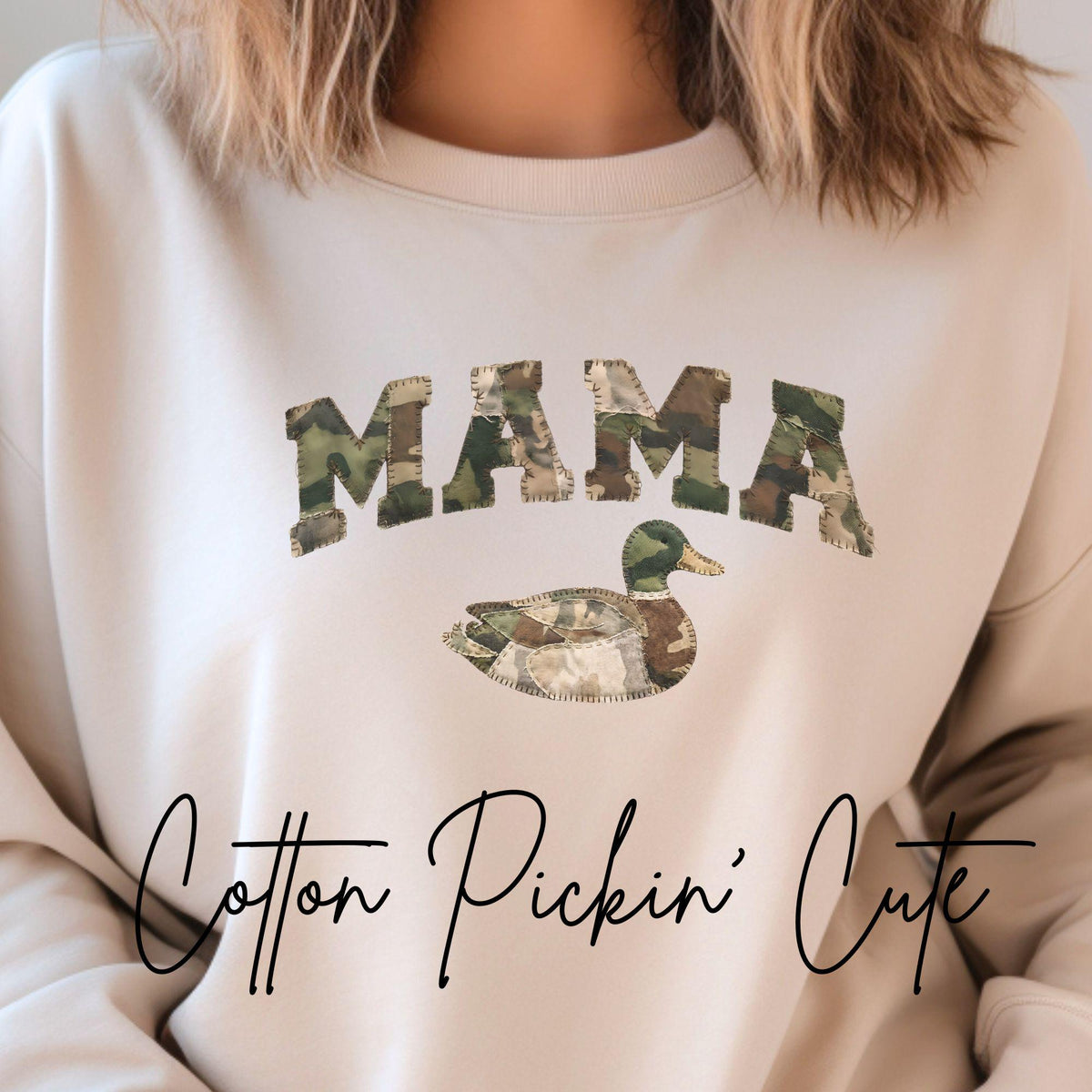 Mama Duck Camo Sweatshirt Faux Patchwork Camouflage Mama Crewneck Outdoorsy Mom Gift Hunting Wife Pullover Gildan 18000 Comfort Sweater