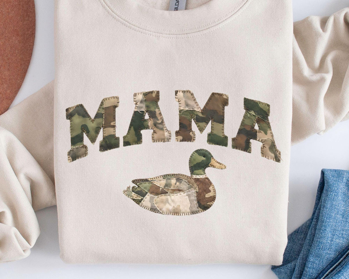 Mama Duck Camo Sweatshirt Faux Patchwork Camouflage Mama Crewneck Outdoorsy Mom Gift Hunting Wife Pullover Gildan 18000 Comfort Sweater