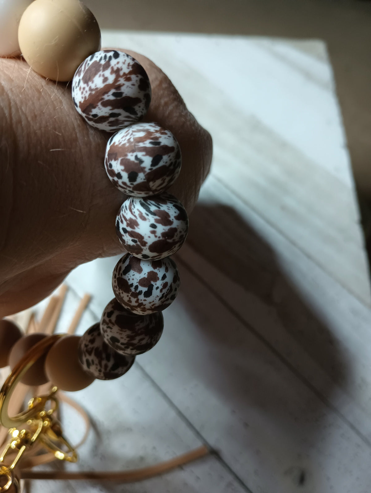 Beaded Brown Cow Print Simply Elegant Silicone Wristlet Keychain, Gift for Teacher, Mom, Sister, New Driver