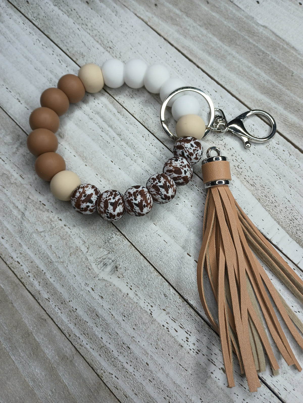 Beaded Brown Cow Print Simply Elegant Silicone Wristlet Keychain, Gift for Teacher, Mom, Sister, New Driver