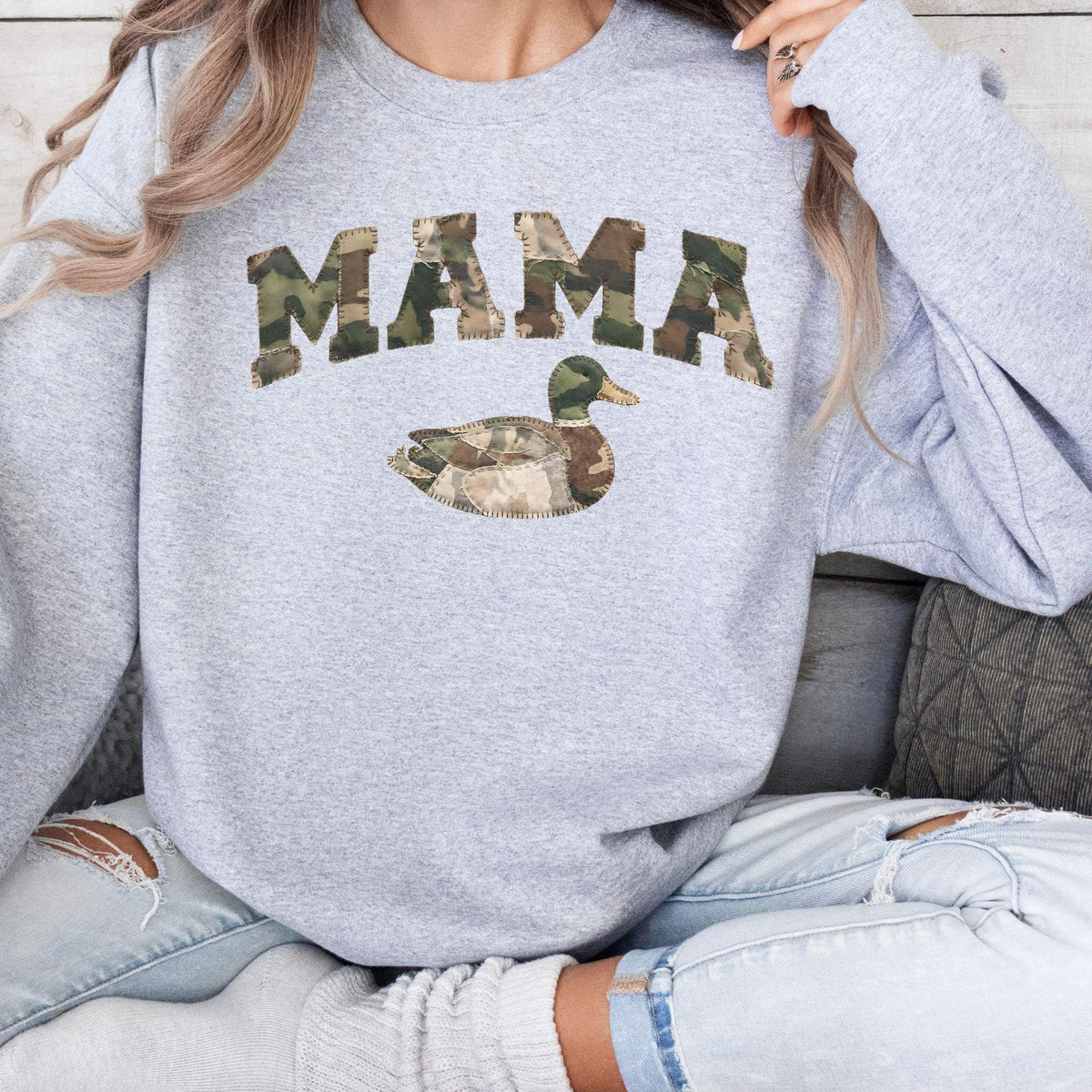 Mama Duck Camo Sweatshirt Faux Patchwork Camouflage Mama Crewneck Outdoorsy Mom Gift Hunting Wife Pullover Gildan 18000 Comfort Sweater