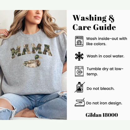 Mama Duck Camo Sweatshirt Faux Patchwork Camouflage Mama Crewneck Outdoorsy Mom Gift Hunting Wife Pullover Gildan 18000 Comfort Sweater