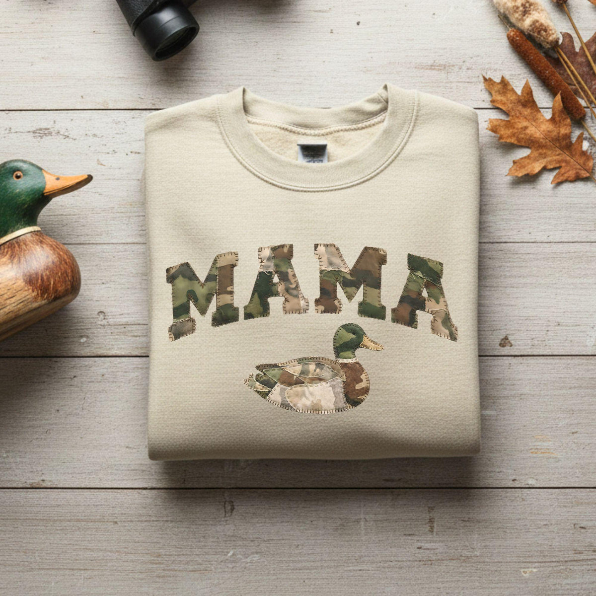 Mama Duck Camo Sweatshirt Faux Patchwork Camouflage Mama Crewneck Outdoorsy Mom Gift Hunting Wife Pullover Gildan 18000 Comfort Sweater