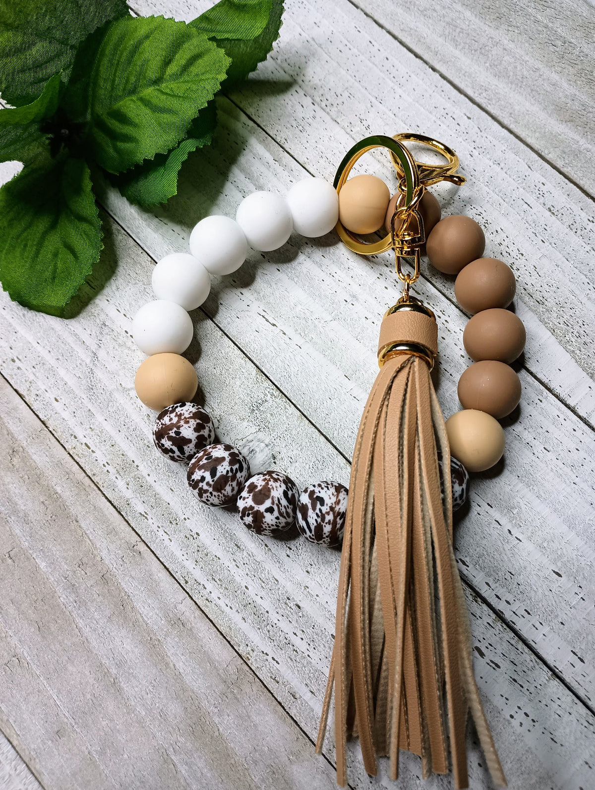 Beaded Brown Cow Print Simply Elegant Silicone Wristlet Keychain, Gift for Teacher, Mom, Sister, New Driver