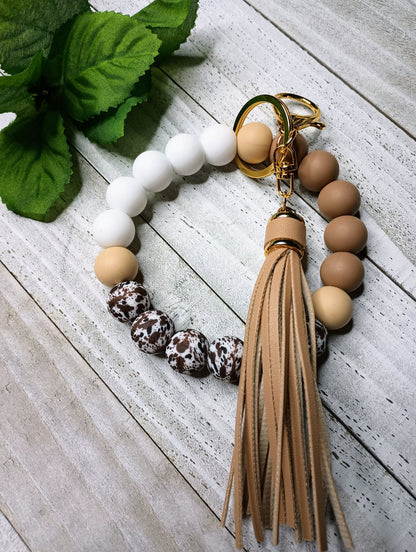 Beaded Brown Cow Print Simply Elegant Silicone Wristlet Keychain, Gift for Teacher, Mom, Sister, New Driver