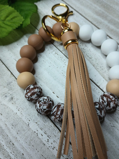 Beaded Brown Cow Print Simply Elegant Silicone Wristlet Keychain, Gift for Teacher, Mom, Sister, New Driver