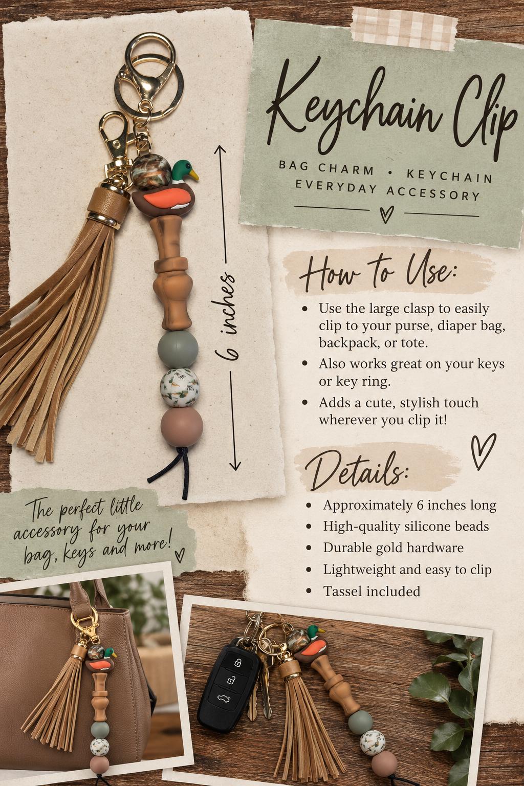 Duck Call Keychain for Purse clip Diaper bag Silicone Hunting Accessory Beads with Tassel