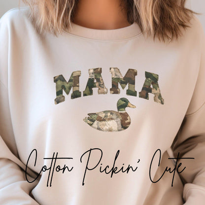 Mama Duck Camo Sweatshirt Faux Patchwork Camouflage Mama Crewneck Outdoorsy Mom Gift Hunting Wife Pullover Gildan 18000 Comfort Sweater