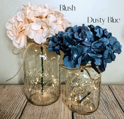 Mason Jar Hydrangea Lighted Wedding Centerpiece Rehearsal Dinner Boho Country Table Decor for Baby Shower Home Wedding Aisle Elegant Venue