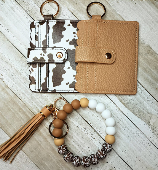Beaded Brown Cow Print Simply Elegant Silicone Wristlet Keychain, Gift for Teacher, Mom, Sister, New Driver
