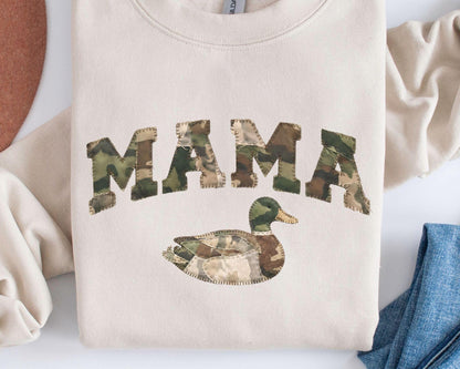 Mama Duck Camo Sweatshirt Faux Patchwork Camouflage Mama Crewneck Outdoorsy Mom Gift Hunting Wife Pullover Gildan 18000 Comfort Sweater