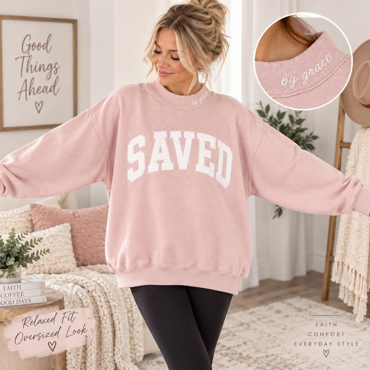 Saved By Grace Pink Oversized Crewneck Sweatshirt Embroidered applique Gift for Birthday or Christmas New Christian Fleece Sweater