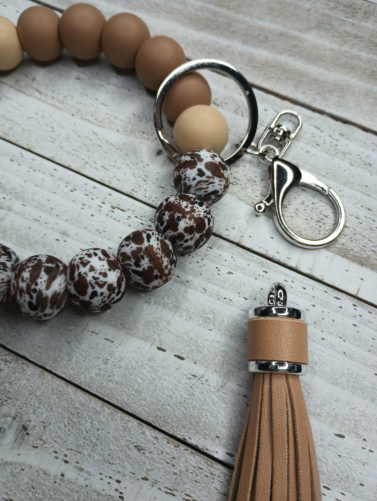 Beaded Brown Cow Print Simply Elegant Silicone Wristlet Keychain, Gift for Teacher, Mom, Sister, New Driver