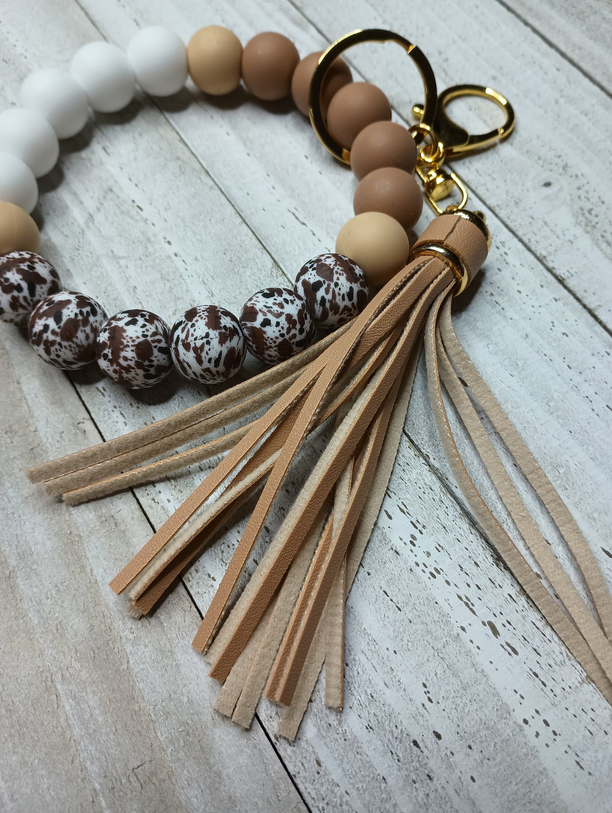 Beaded Brown Cow Print Simply Elegant Silicone Wristlet Keychain, Gift for Teacher, Mom, Sister, New Driver