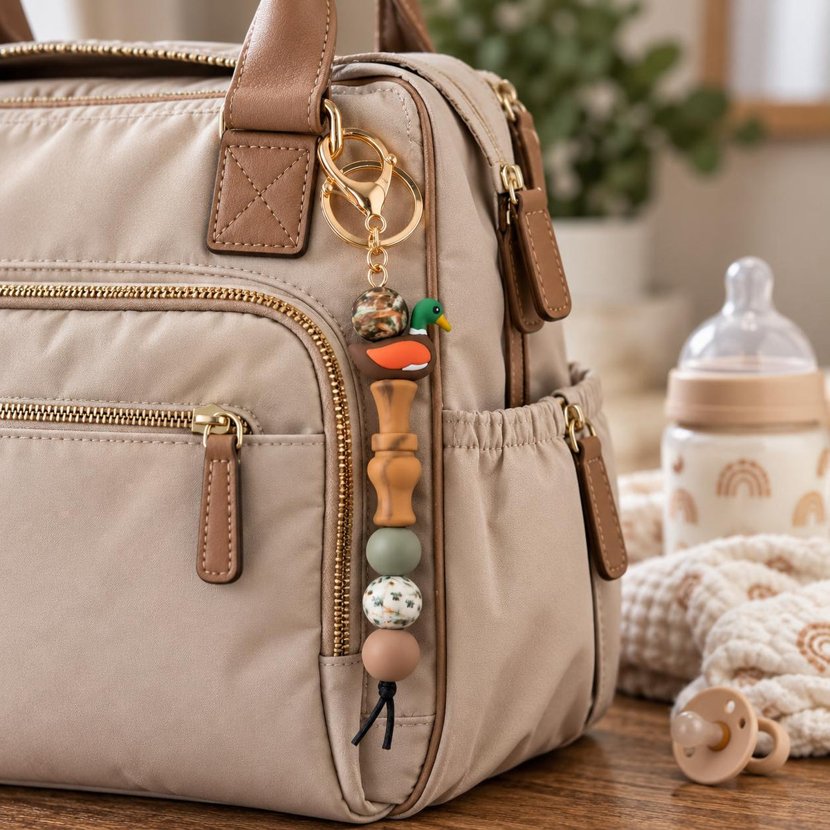 Duck Call Keychain for Purse clip Diaper bag Silicone Hunting Accessory Beads with Tassel
