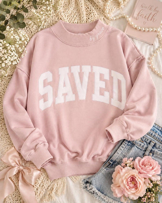 Saved By Grace Pink Oversized Crewneck Sweatshirt Embroidered applique Gift for Birthday or Christmas New Christian Fleece Sweater